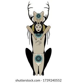 Native American mythology. Coyote trickster and shaman girl. Initiation ceremony. Original style art. Female and male archetypes. Isolated vector illustration.