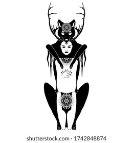 Native American mythology. Coyote trickster and shaman girl. Initiation ceremony. Original style art. Female and male archetypes. Black and white silhouette.