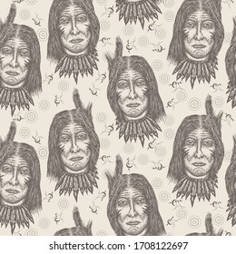 Native american old man. Seamless pattern. Packing old paper, scrapbooking style. Vintage background. Medieval manuscript, engraving art