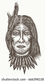 Native american old man vector. North American Indian hand drawn portrait 