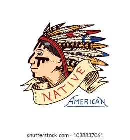 native american. old red skinned indian. label and badge. cherokee or apache, traditional chief. engraved hand drawn in old sketch.