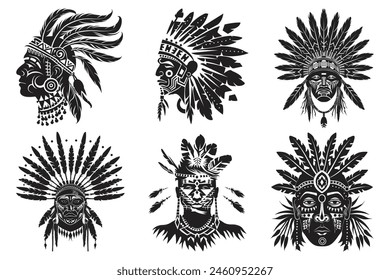 Silueta negra del tatuaje tribal del ornamento del nativo americano, diseño del Vector tribal del tatuaje del indio americano, mujer tribal del tatuaje del nativo americano