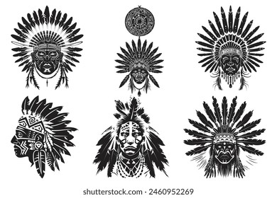 Silueta negra del tatuaje tribal del ornamento del nativo americano, diseño del Vector tribal del tatuaje del indio americano, mujer tribal del tatuaje del nativo americano