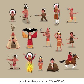 Native American People Poses Cartoon Vector Illustration