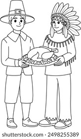 Native American and a Pilgrim sharing food outline coloring page. Thanksgiving hand drawn colouring 