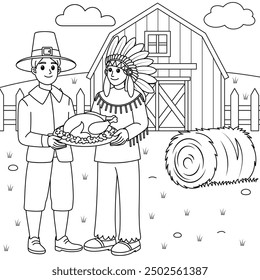 Native American and a Pilgrim sharing food on farm background outline coloring page. Thanksgiving hand drawn colouring