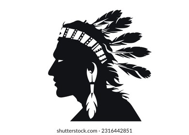 Indianer. Porträt. mit Federn geschmückt. Seitenansicht, Silhouette, Vektorgrafik.