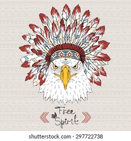 native american poster, eagle portrait in war bonnet, free spirit, aztec print, t-shirt design