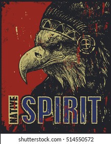 Native American poster, eagle in war bonnet, vector illustration