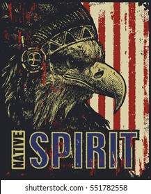 Native American poster, eagle in war bonnet, vector illustration