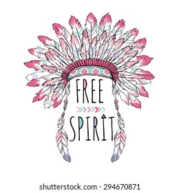 native american poster, t-shirt design, free spirit, indian war bonnet, lettering