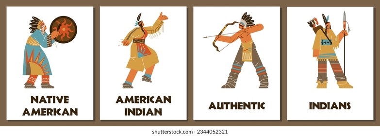 Native American posters set, tribal people in traditional clothes, flat vector illustration. Indigenous people of America with bow and arrows. American Indian shaman dancing.