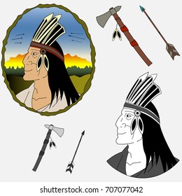 Native American in profile monochrome and colored with a headdress made of and a traditional ax and arrow about a vector illustration.