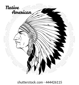 Native american in profile monochrome with headdress of feathers and traditional pattern around vector illustration