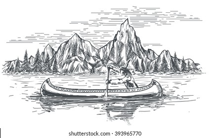 Native american rowing indian in canoe boat on mountain landscape. Hand drawn vector illustration