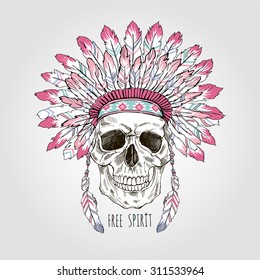 native american scull in war bonnet, hand drawn graphic, t-shirt design