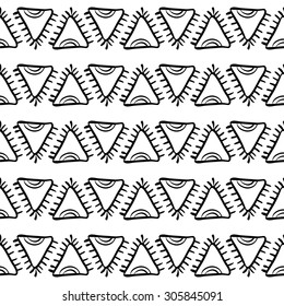 Native American Seamless Pattern with abstract aztec symbols. Colored Hand drawn doodle vector background for textile, wallpaper, cards decoration