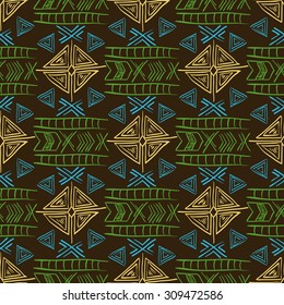 Native American Seamless Pattern with abstract aztec symbols. Colored Hand drawn doodle vector background for textile, wallpaper, cards decoration