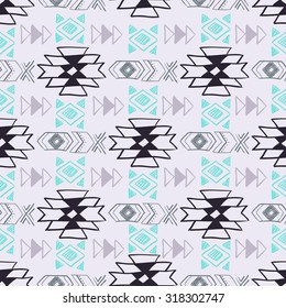Native American Seamless Pattern with abstract aztec symbols. Colored Hand drawn doodle vector background for textile, wallpaper, cards decoration