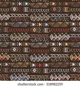 Native American Seamless Pattern with abstract aztec symbols. Colored Hand drawn doodle vector background for textile, wallpaper, cards decoration
