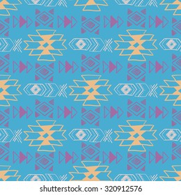 Native American Seamless Pattern with abstract aztec symbols. Colored Hand drawn doodle vector background for textile, wallpaper, cards decoration