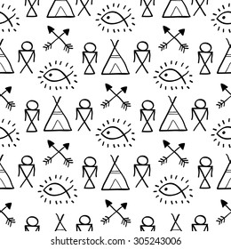 Native American Seamless Pattern with different tribal symbols: arrows, wigwam, feathers, fish, people. Colored Hand drawn doodle vector background for textile, wallpaper