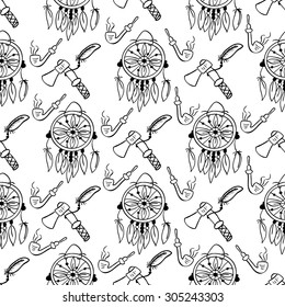 Native American Seamless Pattern with dreamcatcher, feathers and tomahawk. Colored Hand drawn doodle vector background for textile, wallpaper