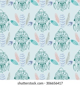 Native American Seamless Pattern with dreamcatcher and feathers. Colored Hand drawn doodle vector background for textile, wallpaper