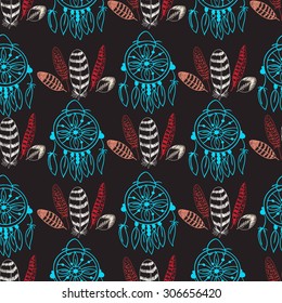 Native American Seamless Pattern with dreamcatcher and feathers. Colored Hand drawn doodle vector background for textile, wallpaper