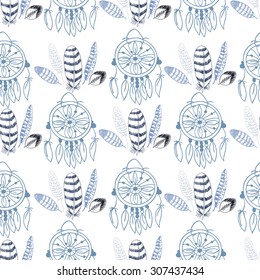 Native American Seamless Pattern with dreamcatcher and feathers. Colored Hand drawn doodle vector background for textile, wallpaper