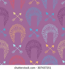 Native American Seamless Pattern with indian chief headdress and arrows. Colored Hand drawn doodle vector illustration for textile, wallpaper