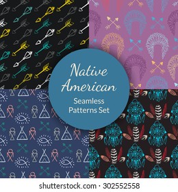 Native American Seamless Patterns Set with indian chief headdress, dream catcher, arrows, wigwam, feathers. Colored Hand drawn doodle vector collection for textile, wallpaper designs