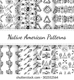 Native American Seamless Patterns Set with abstract elements, arrows, dream catcher, wigwam, eagle. Black and white hand drawn doodle vector collection for textile, wallpaper designs