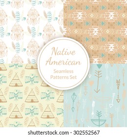 Native American Seamless Patterns Set with dream catcher, arrows, wigwam, eagle, feathers, abstract indian symbols. Colored Hand drawn doodle vector collection for textile, wallpaper designs