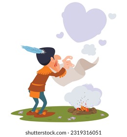 Native american sends smoke love message. Funny people. Illustration concept template for website, web landing page, banner, presentation, social, poster, promotion or print media.