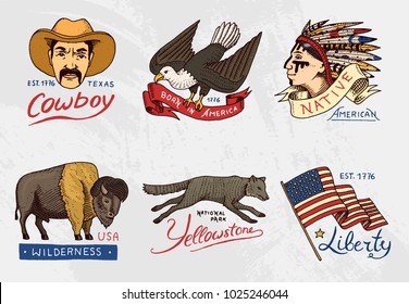 native american set. old, labels or badges for camping, hiking, hunting. buffalo and flag, eagle and cowboy, wolf with red skinned indian. engraved hand drawn in old sketch.