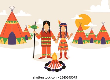 Native American settlement, vector illustration. Man and woman in traditional clothes with ethnic ornament. Flat style landscape of American Indian reservation. Village with teepee tents and campfire