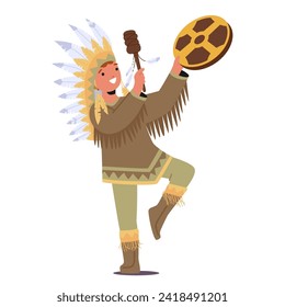 Native American Shaman Kid Character Wears A Vibrant, Fringed Buckskin Outfit With Tribal Symbols, Hold A Tambourine, Embracing Ancestral Rhythms And Traditions. Cartoon People Vector Illustration