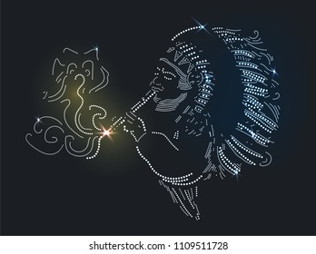 Native American Shaman plays the flute, made with precious gems on black background