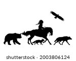 native american shaman riding  horse and wild animals running aside - black and white vector silhouette outline of man, stallion, bear, fox, wolf and eagle bird
