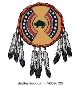 Native american shield with feather Vector illustration. Indian hide shield with the bison symbol.