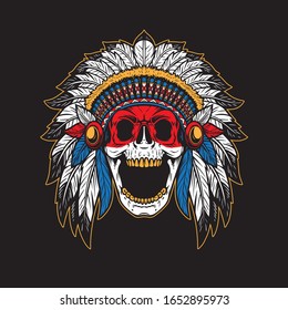 Native american skull chief wearing headdress.