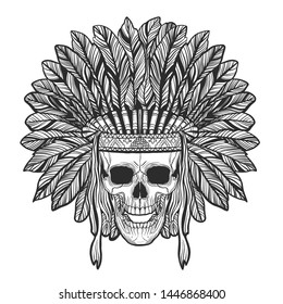 Native American Skull Feathers Hat Tattoo T-shirt Trendy Design