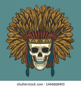 Native American Skull Feathers Hat Tattoo T-shirt Trendy Design