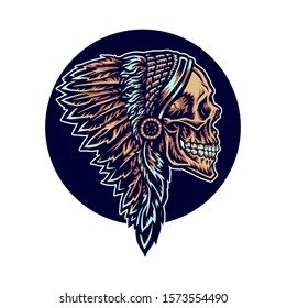 Native american skull, hand drawn line with digital color, vector illustration