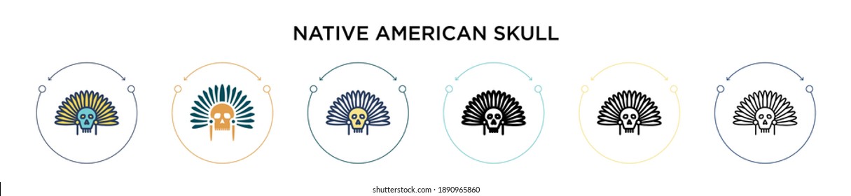 Icono de cráneo nativo americano en estilo relleno, delgado, contorno y trazo. Ilustración vectorial de dos iconos nativos de cráneo de color y negro de américa para móviles, ui, web