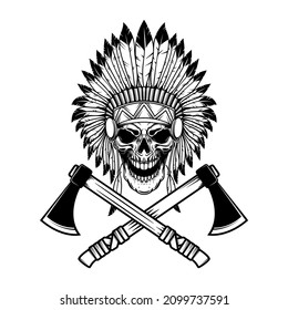 Native american skull in traditional headdress and crossed tomahawks. Design element for logo, emblem, sign, poster, t shirt. Vector illustration