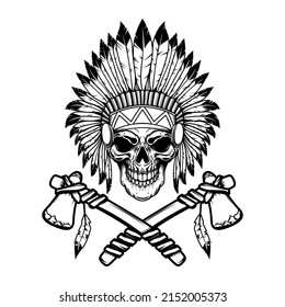 Native american skull in traditional headdress and crossed tomahawks. Design element for logo, emblem, sign, poster, t shirt. Vector illustration