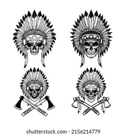 Native american skull in traditional headdress and crossed tomahawks. Design element for logo, emblem, sign, poster, t shirt. Vector illustration