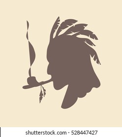 
native American smoking pipe of peace vector illustration silhouette head